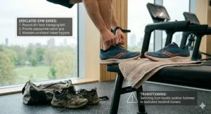 Runner transitioning from outdoor road trainers to dedicated indoor gym trainers.
