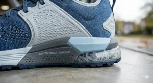 Close-up of supportive sole technology designed to reduce impact on both treadmill belts and tarmac.