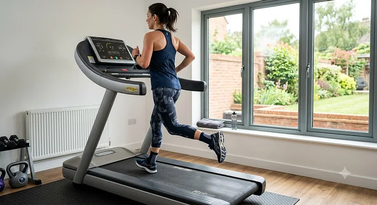 A runner wearing high-performance moisture-wicking socks while using a home treadmill to improve comfort and prevent blisters during indoor training sessions. socks for treadmill running