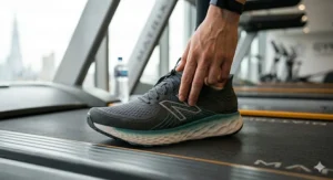 Side view showing breathable mesh upper on lightweight treadmill running shoes.