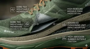 Macro view of the durable, water-resistant mesh upper material on the trail shoe.