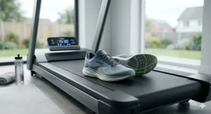 Close-up view of a neutral running trainer on a treadmill with a clear digital display, showcasing breathable mesh details.