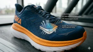 Technical view of a trainer's breathable mesh upper, highlighting multi-layered weave and TPU reinforcement.