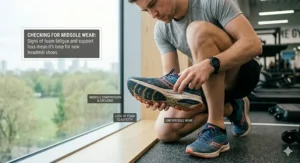 Close-up of a runner checking their road trainers for signs of midsole compression.