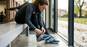 A person lacing up comfortable running shoes, focusing on secure fit for various running intensities.
