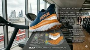 Heel cushioning analysis of a running trainer, highlighting the impact attenuator zone and high-stack energy return geometry.
