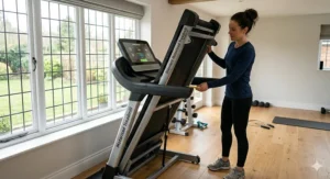 Space-saving folding mechanism of a compact motorised treadmill, perfect for UK home gyms.