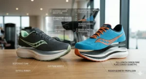 A comparative side-by-side breakdown of a standard trainer versus a carbon fibre plated performance shoe.