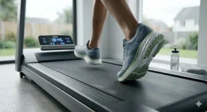 Side profile of a runner's legs using neutral trainers on a treadmill, highlighting the cushioned midsole during the gait cycle.