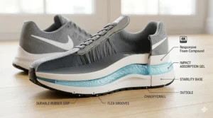 A 4K photorealistic cross-section of a running shoe midsole, illustrating layers of responsive foam designed for maximum impact absorption.
