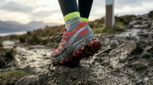 Side profile of cushioned trail running shoes showing heel-to-toe drop.