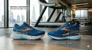 Diagram comparing foam cushioning and stability support in running shoes.