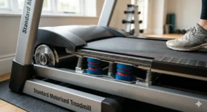 Close-up of a durable running deck on a reliable motorised treadmill designed for home use.