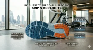 Detailed view of a high-grip rubber outsole designed for indoor treadmills.