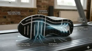 A detailed 4K photorealistic illustration of the specific grey cushioned running trainer resting on the treadmill belt. An angled technical diagram is overlaid, using blue and white lines to highlight the durable rubber compound and specific traction pattern.