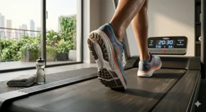 Low-angle shot of a neutral running shoe outsole contacting the treadmill belt, showing grip and impact absorption.