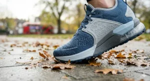 A runner wearing hybrid trainers, transitioning from a home gym treadmill to a paved outdoor path.