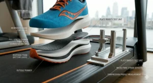 Exploded view of a carbon fibre plated shoe being analysed by a rig for rigidity and compression.