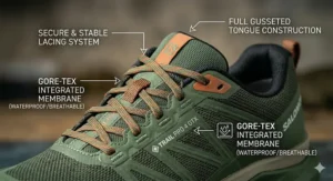 Detailed view of the gusseted tongue design to prevent debris and water entering the shoe.