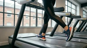 Practical gym accessories like a water bottle and sweat towel, perfect for home or gym treadmill use.