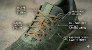 Close-up of the secure lacing system designed for heel lockdown on technical trails.