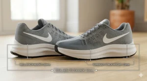 A detailed infographic illustration measuring the heel stack height (33mm) and forefoot stack height (23mm) to show the 10mm heel-to-toe drop of a cushioned grey running trainer on a wood surface, in 4K quality.