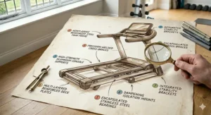 Robust frame construction of a reliable motorised treadmill, highlighting durability and build quality.