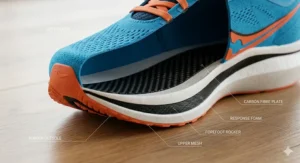 A close-up cross-section of a running shoe showing the internal carbon fibre plate structure.