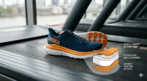 Close-up of a trainer sole with a technical breakdown of PROFLY+ energy return foam and impact absorption layers.