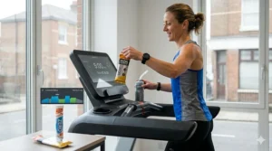 Runner practising race-day hydration and nutrition while training on a treadmill.