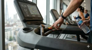 A pair of modern, lightweight treadmill running trainers placed on a gym floor.