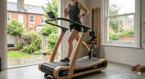 Close-up of a manual treadmill showing how it operates without electricity for sustainable workouts.