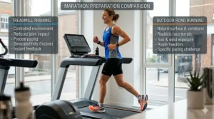 Infographic comparing treadmill training and outdoor road running for marathon endurance.