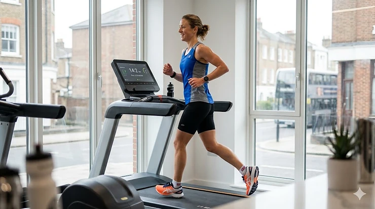 Runner wearing marathon shoes training on a modern treadmill in a well-lit indoor space, with a soft-focus background of a typical British street featuring red brick buildings. marathon shoes treadmill training