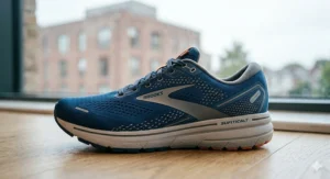 Side view of men’s wide-fit running shoes showing arch support.
