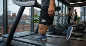 A side profile view showing the athletic fit of 5-inch men's running shorts.