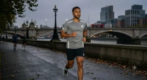 Alt text for image 4: A man running outdoors at night wearing a reflective grey running t-shirt for high visibility.