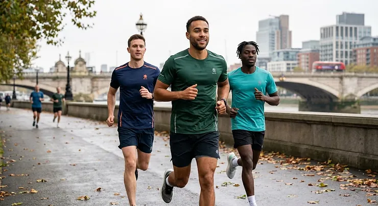 Alt text for image 1: Three men jogging along the Thames path in London, wearing high-performance running t-shirts and sportswear. running t-shirts men