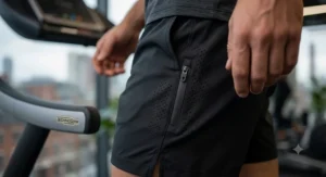 Men’s running shorts featuring a secure, sweat-resistant zipped pocket.