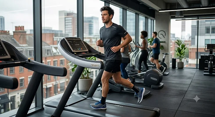 A man wearing high-performance running shorts while training on a treadmill at the gym. shorts for treadmill running men