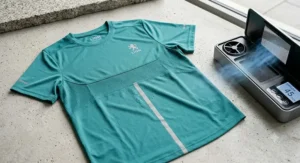 Alt text for image 6: A light teal men’s technical running t-shirt laid flat showing ventilated panels being tested for airflow performance.