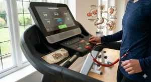 Emergency stop clip and safety features on a reliable motorised treadmill for home exercise.