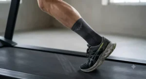 Compression socks worn by a runner for post-treadmill recovery to aid blood flow and reduce muscle fatigue.
