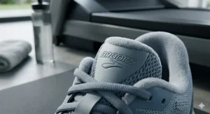 A detailed look at the branded tongue and lace system of a neutral running trainer, reflecting quality craftsmanship.