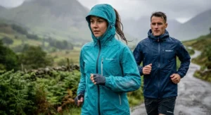 Two runners training in the rain wearing high-performance waterproof running jackets.
