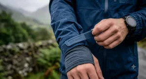 Detail shot showing the adjustable Velcro cuffs on a waterproof running jacket to keep out the wind and rain.