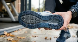 Detail of the outsole tread pattern, engineered for non-slip performance on treadmill belts and wet road surfaces.