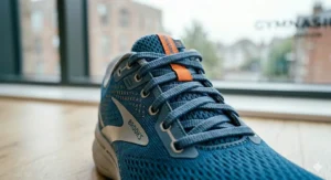 Close-up of the secure, adjustable lacing system on men's treadmill running shoes.