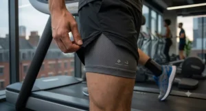 Men’s fitness shorts with reflective details for low-light visibility.