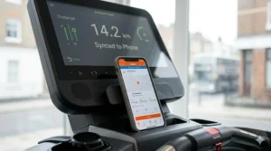 Smartphone displaying marathon training stats synced with a treadmill via Bluetooth.